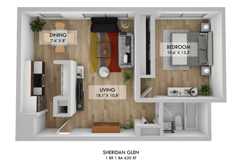 Floor plan for 1 bed, 1 bath, 630 sqft